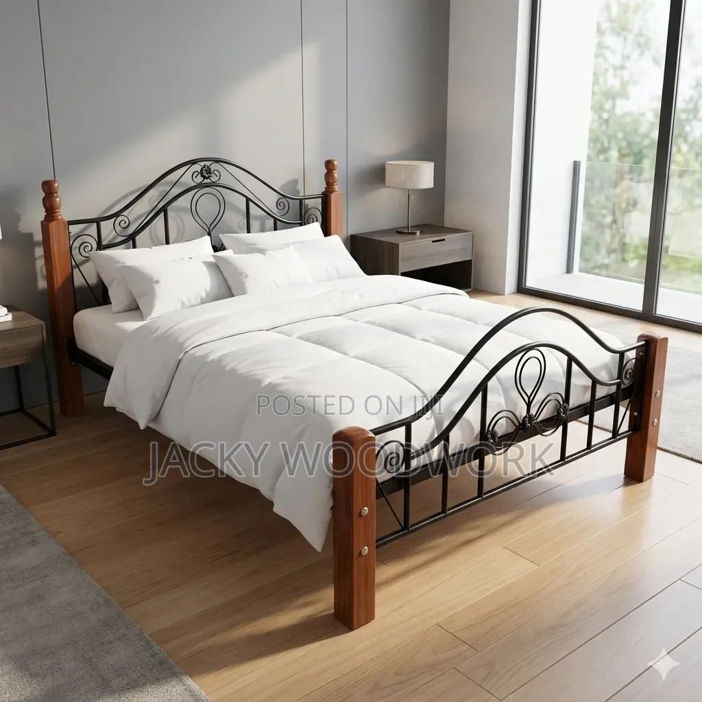 Premium Quality Wrought Iron Double Bed With Mahogany Finish Posts
