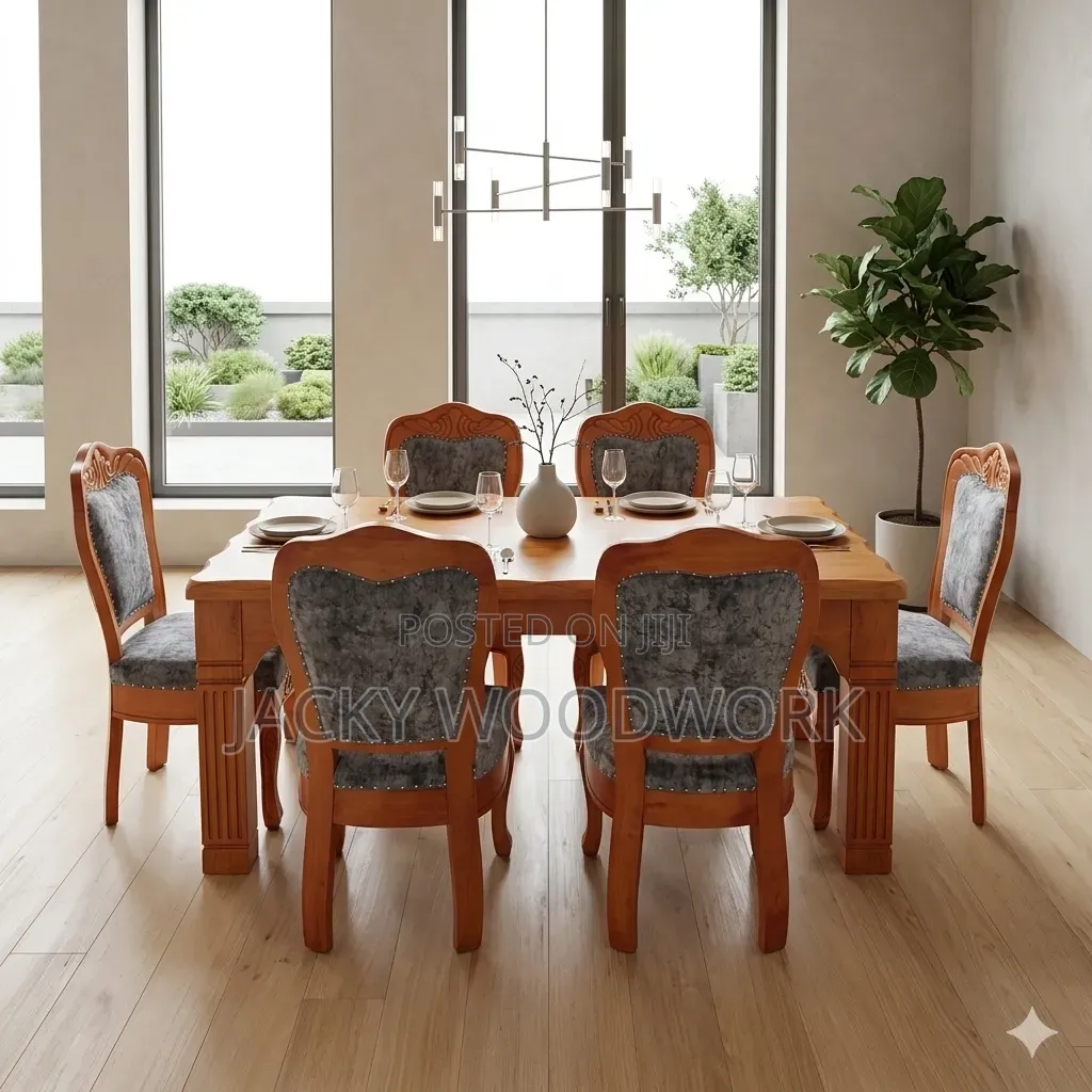 Premium 6-Seater Mahogany Dining Table Set – Royal Tufted Chairs