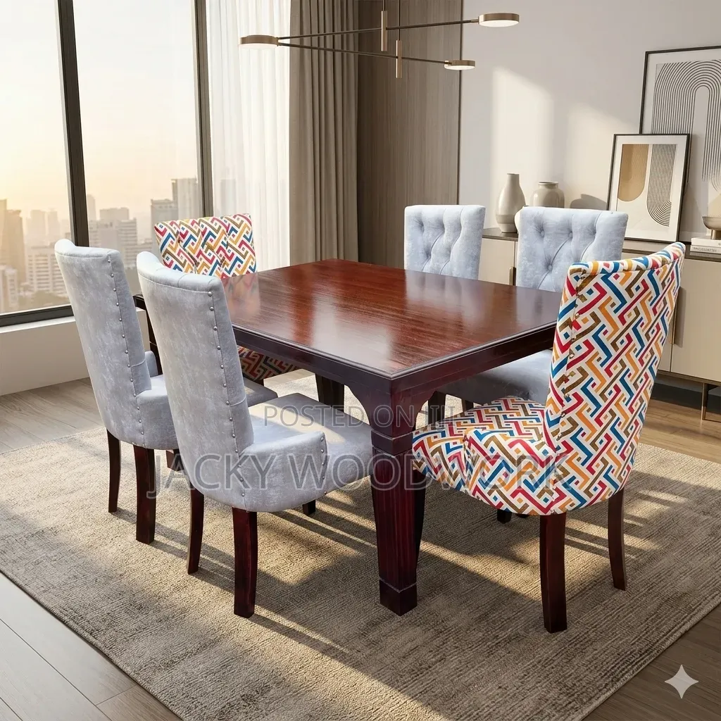 Premium 6 Seater Dining Table Mixed Pattern Fabric Studded Velvet