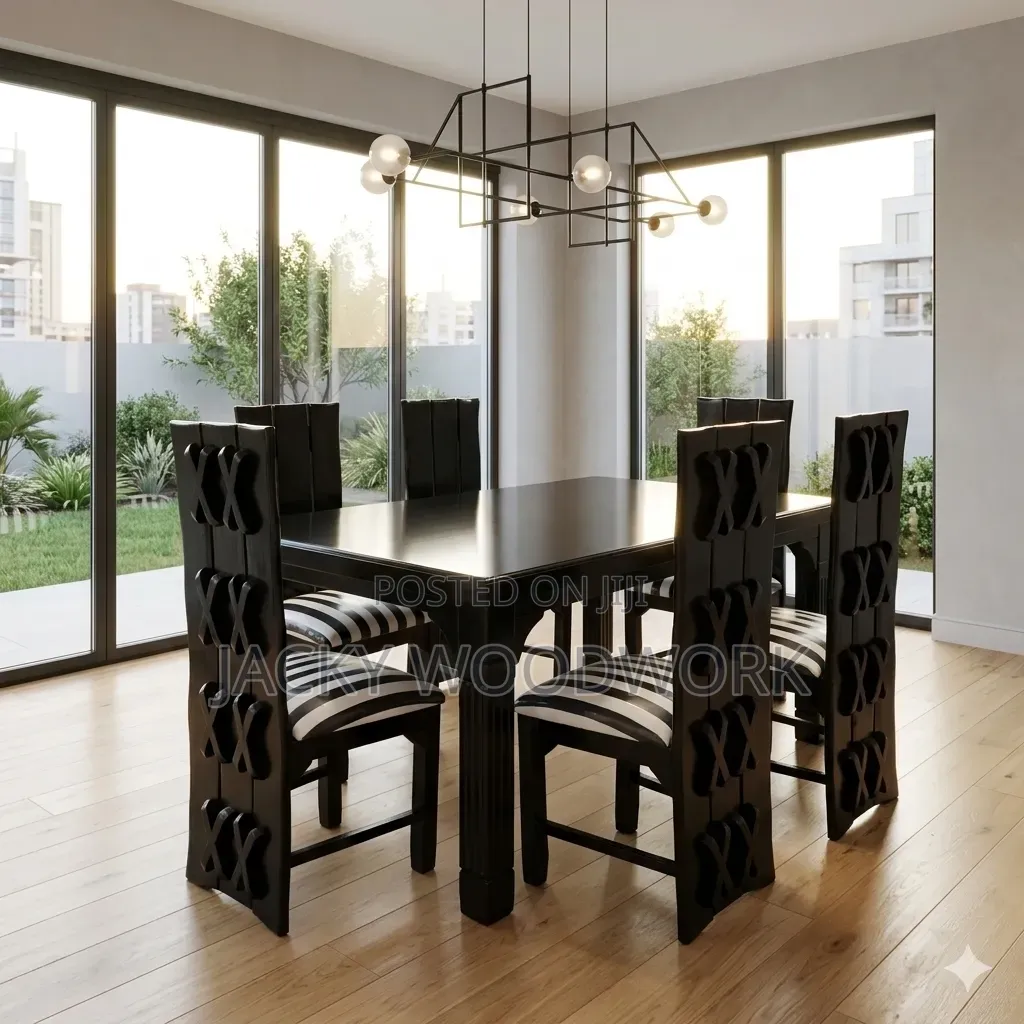 Modern Jet Black 6-Seater Dining Table Set