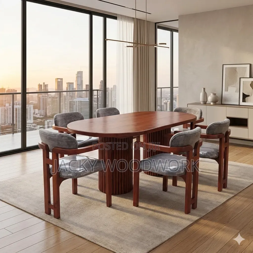 Luxury 6-Seater Oval Hardwood Dining Set With Ribbed Pedestal Base