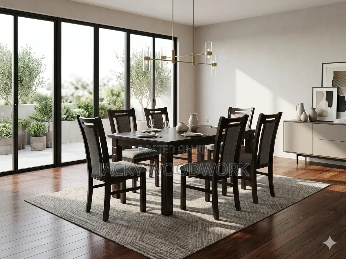 Executive 6-Seater Hardwood Dining Set With Grey Textured Cushions