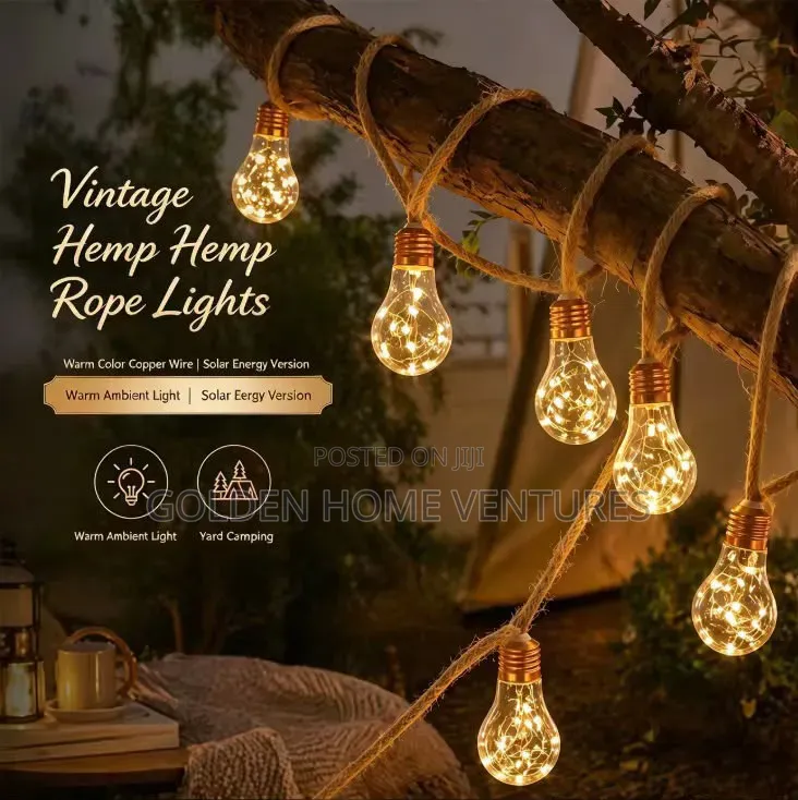 10m Vintage Hemp Rope Christmas Lights — USB + Solar Indoor Outdoor