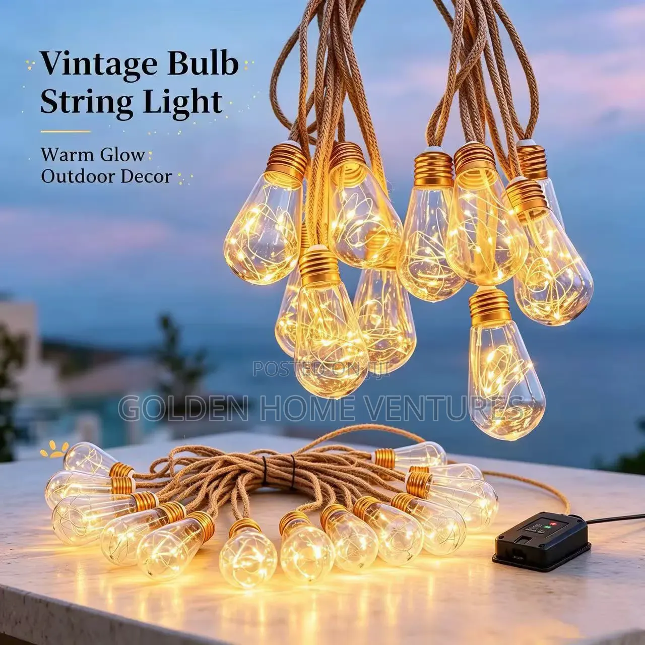 10m Vintage Hemp Rope Christmas Lights — USB + Solar Indoor Outdoor