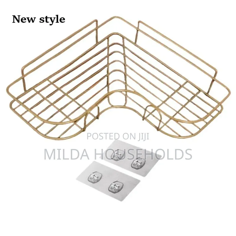 Triangular Golden Metallic Corner Bathroom Shelf