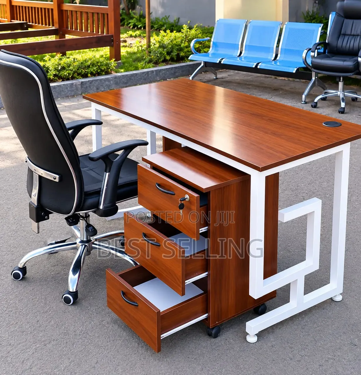 Elegant Metallic Base Desk and Chair and Movable Drawers