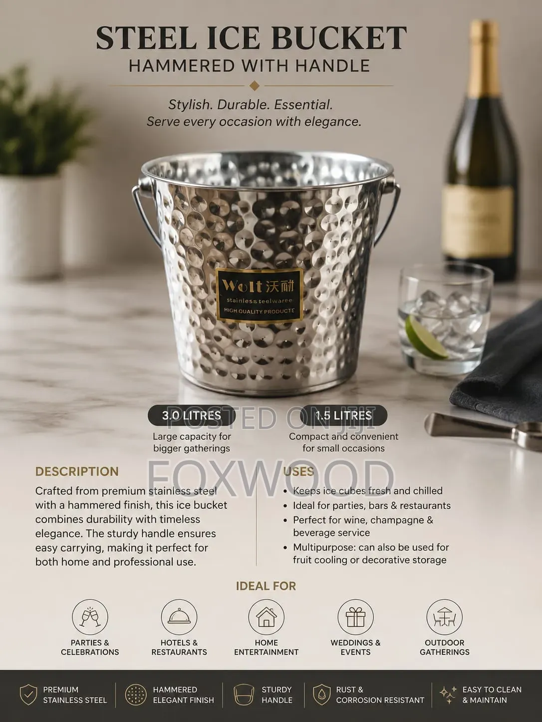 Steel Ice Bucket Hammered With Handle 2litres