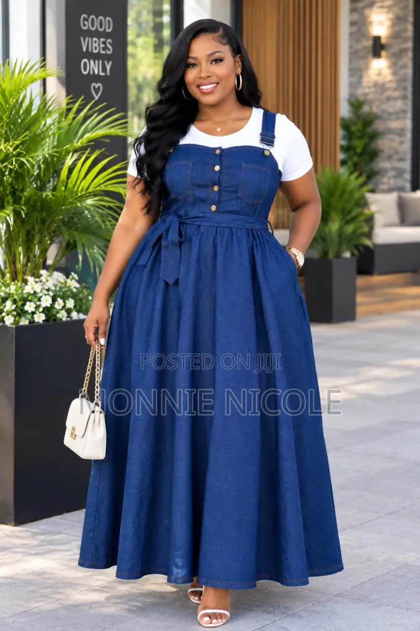 Fashionable Long Dangaree Denim Dress