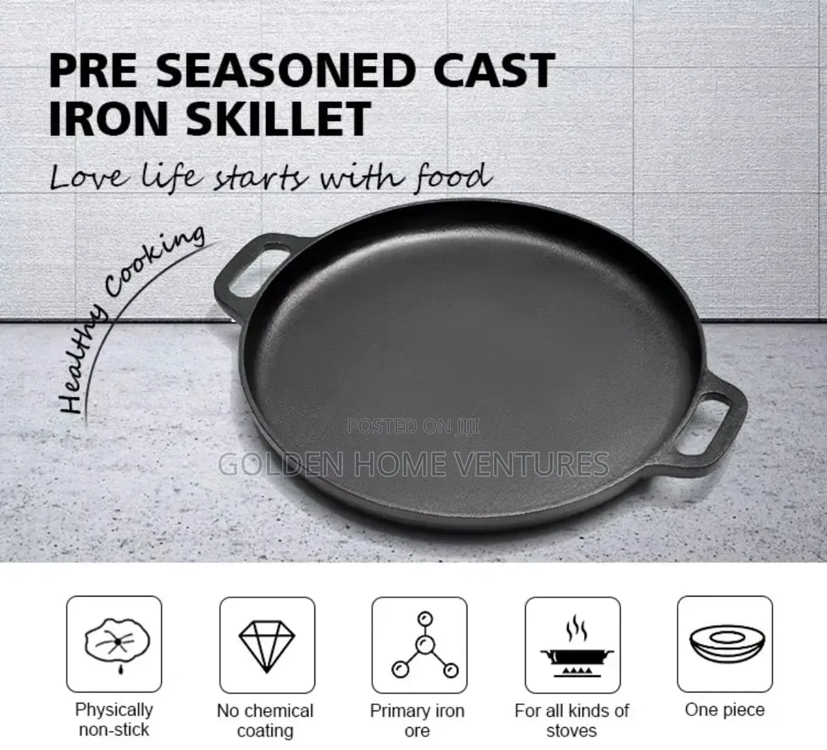 33cm Pre Seasoned Cast Iron Skillet Griddle Pan Round