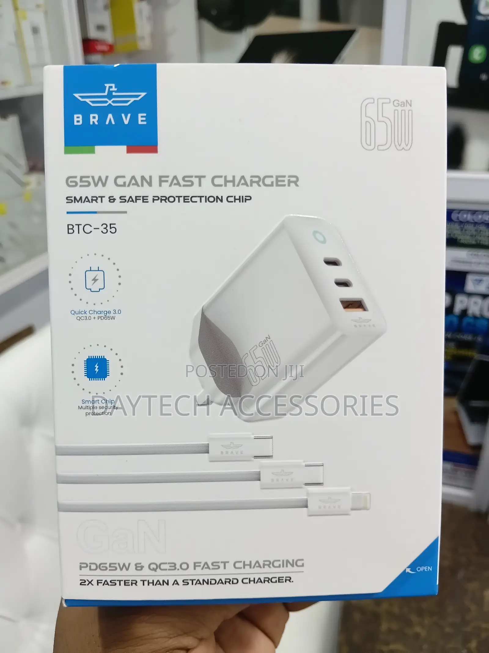 Brave 65W GaN Fast Charger 3-Port With Type-C USB-A - White