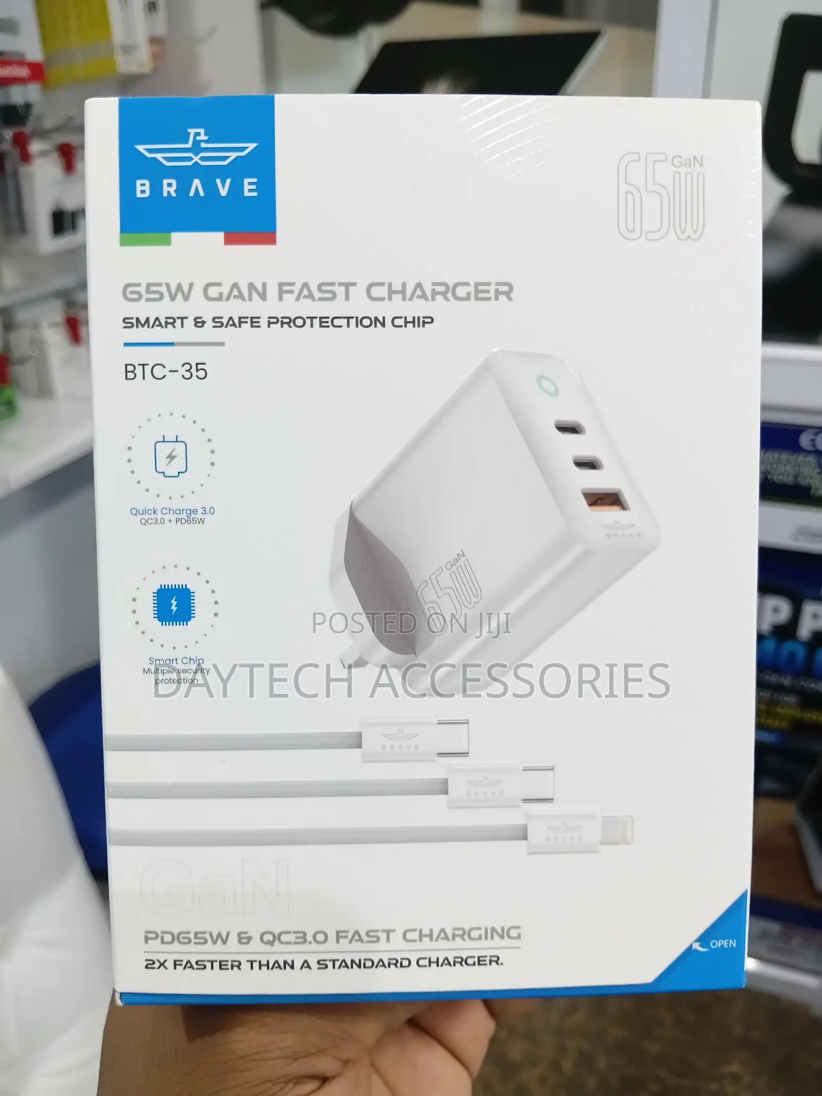 Brave 65W GaN Fast Charger 3-Port With Type-C USB-A - White