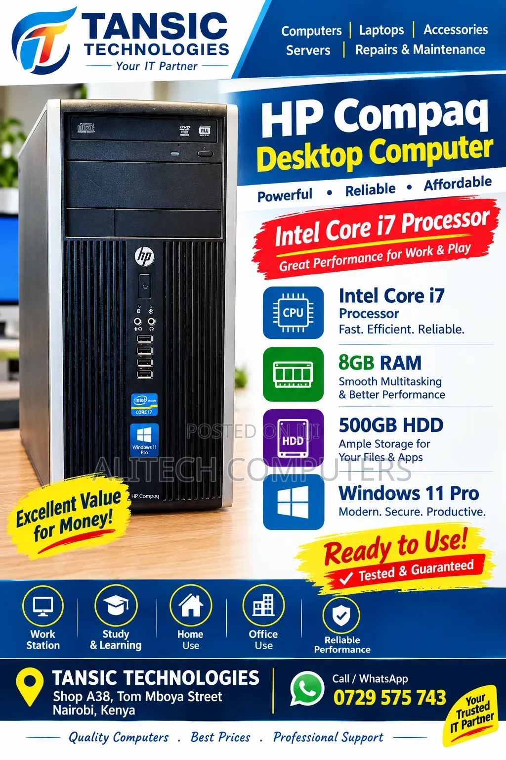Desktop Computer HP 8GB Intel Core i7 HDD 500GB