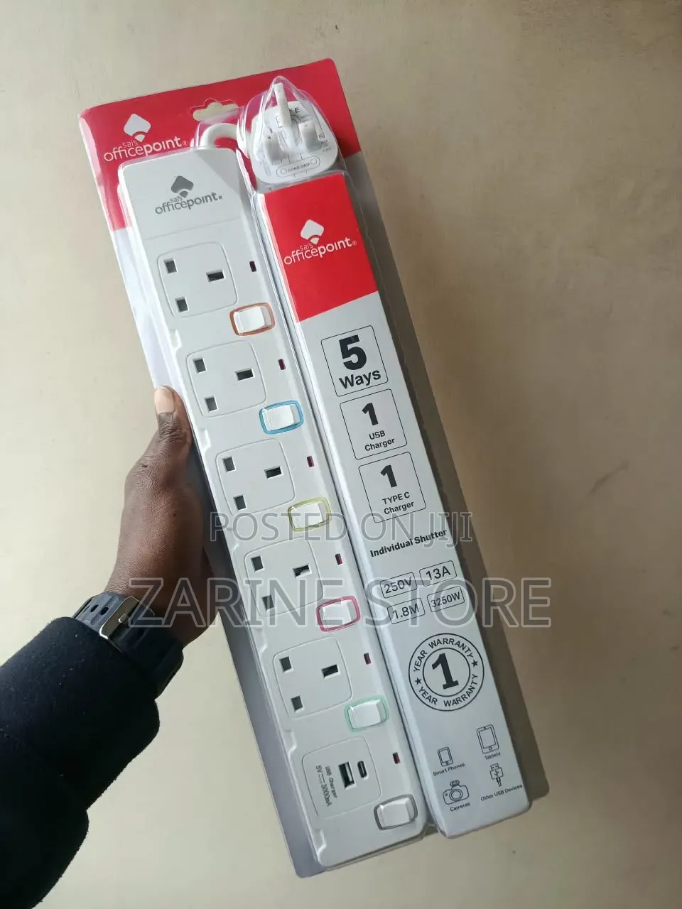 Sais Office Point 5 Ways 1 USB 1 Type C Port 3000ma Power Surge 1 Yr