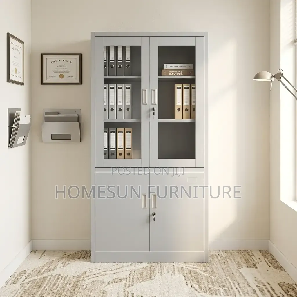 Steel Office Storage Cabinet With Glass Doors Lockable Shelves