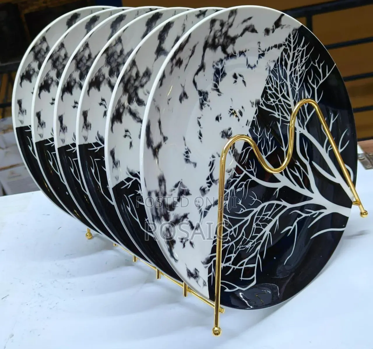 6 Pieces Ceramic Tree Design Dinner Plate Set - Black White Abstract
