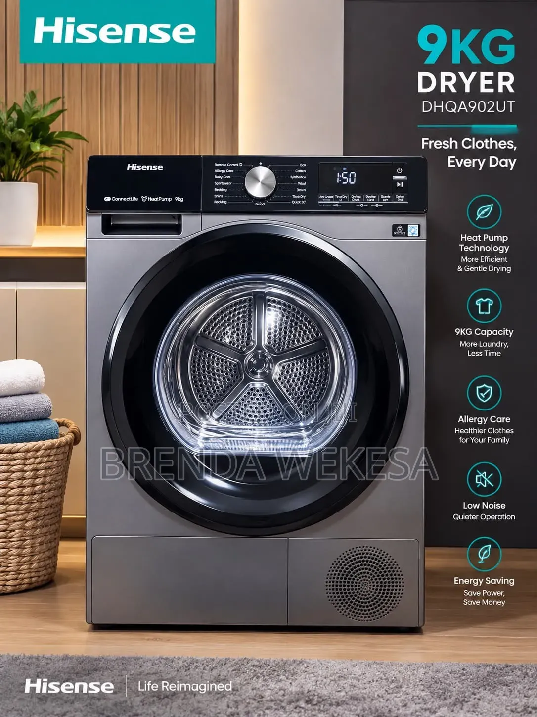 Hisense 9kg Front Load Heat Pump Dryer Kenya - DHQA902UT | Smart Dryer