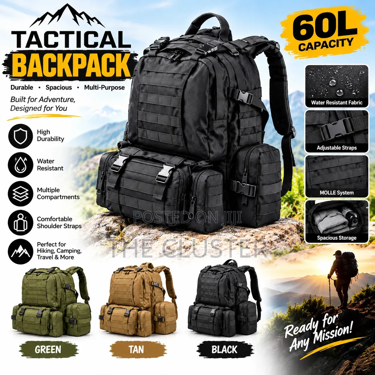 60L Large Tactical Backpack – Heavy Duty Travel, Hiking Outdoor