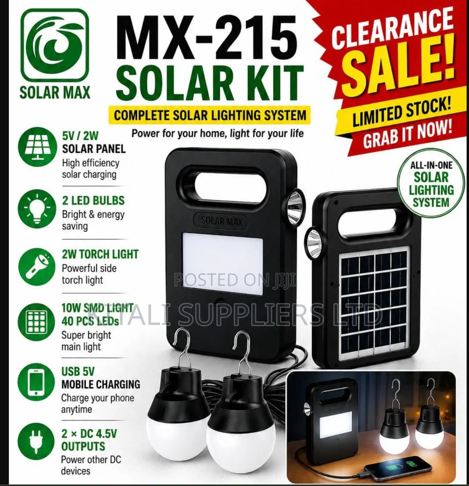 Solar Max MX-215 Complete Solar Home Lighting System Kit