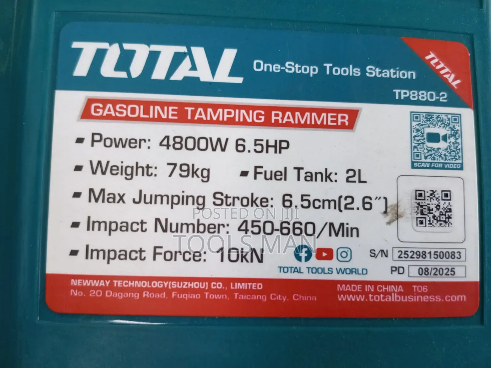 Gasoline Tamping Rammer Total 4800W 6.5HP 79kg.