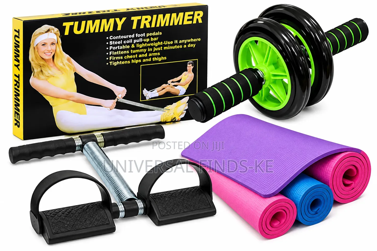 . 3 in 1 Home Workout Set Yoga Mat Tummy Trimmer AB Roller