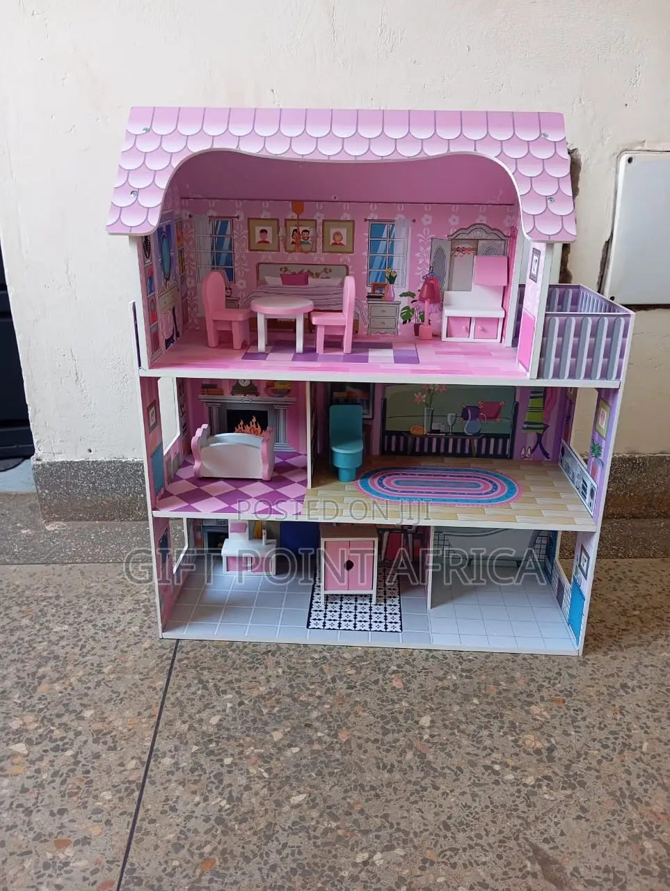 *Large Wooden Doll House 3 Floors, 5 Rooms With Furniture Accessories