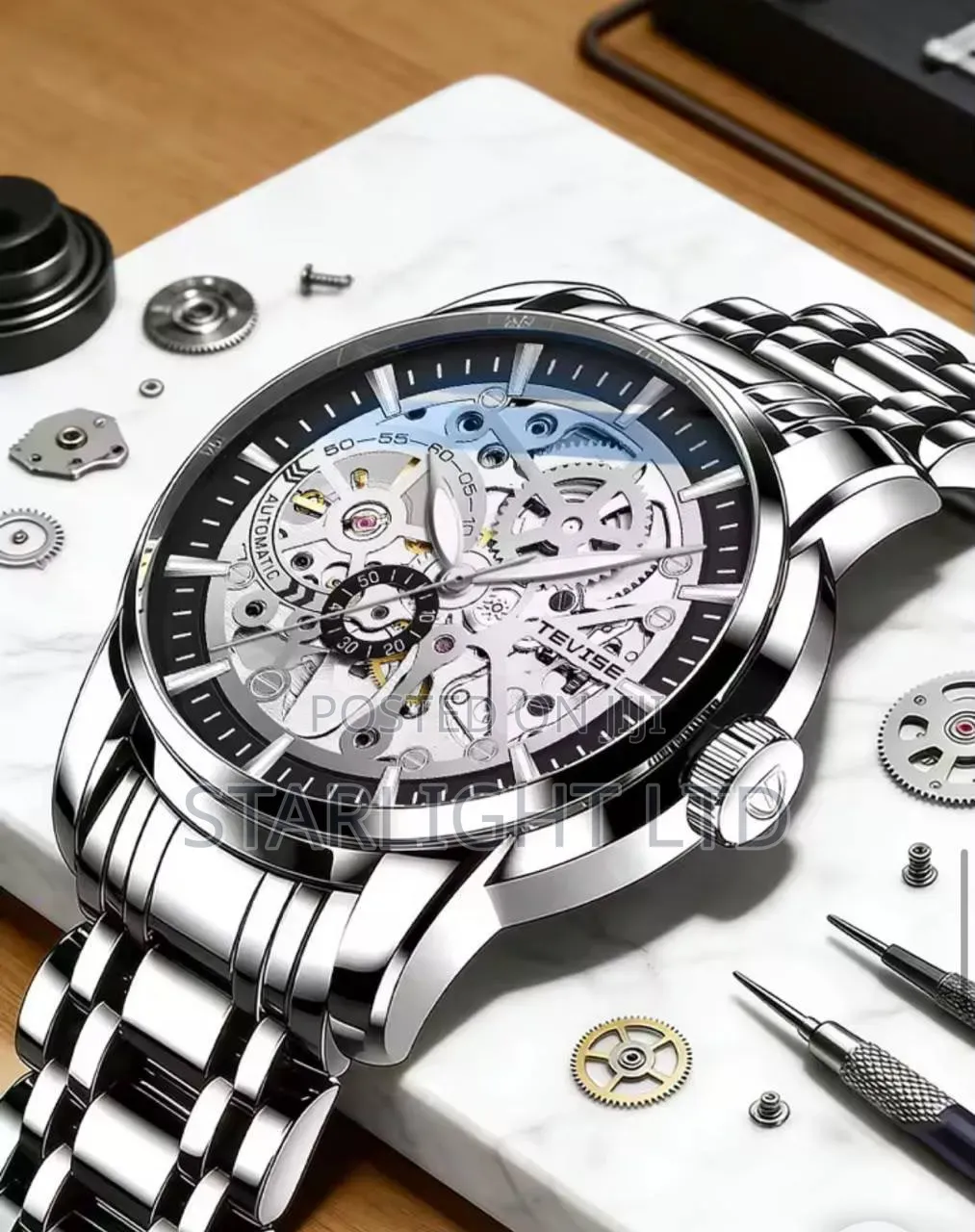 TEVISE Luxury Mechanical Watch – All-Black Steel Band With Gold Dial