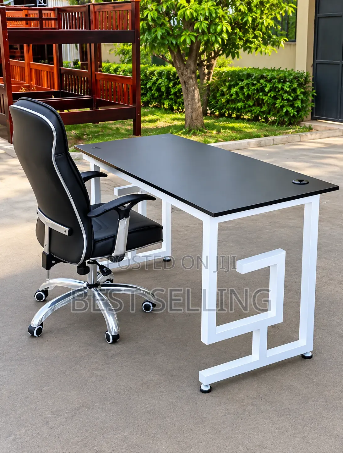 Strong Elegant White Metallic Base Desk and Leather Chair