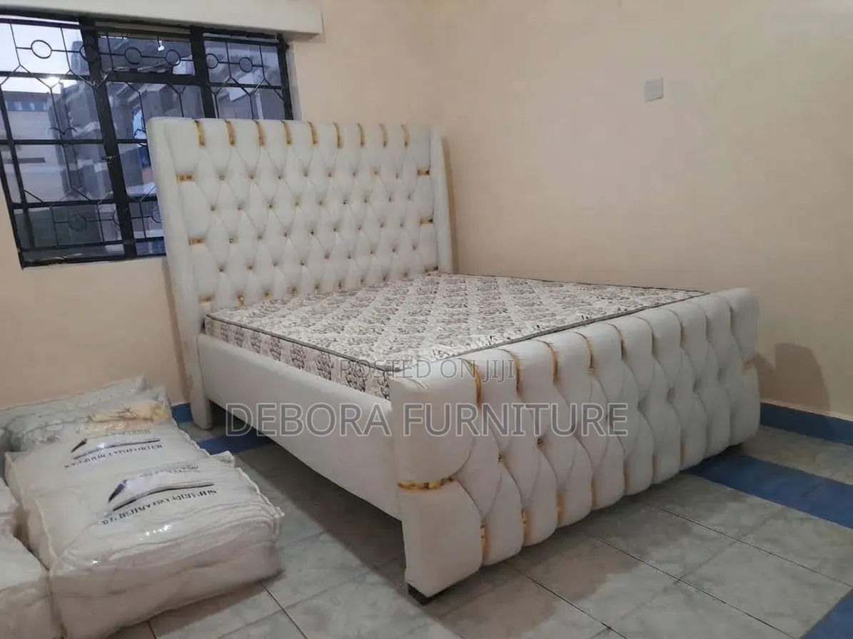 Brand New Luxury White Velvet Chesterfield Bed Frame With Gold Accents