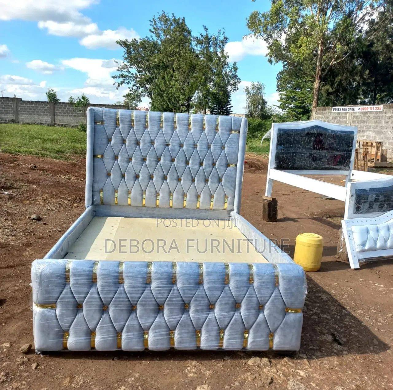 Brand New Luxury White Velvet Chesterfield Bed Frame With Gold Accents