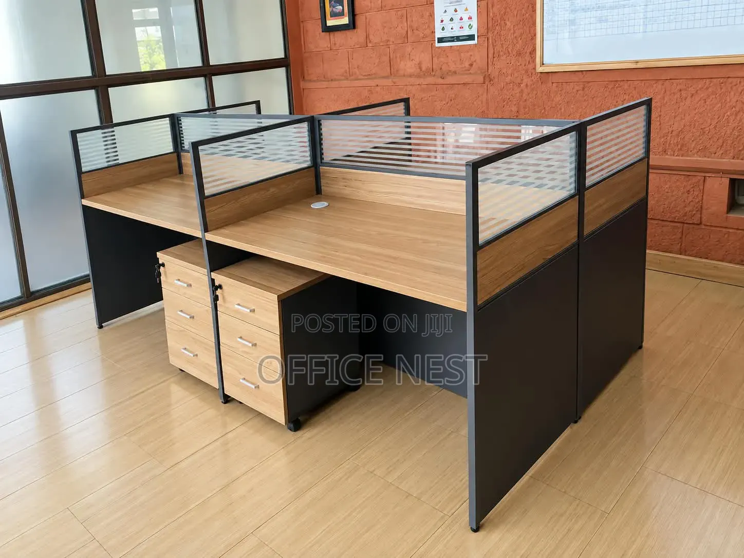 Brown 4-Way Modern Cluster Workstation With Privacy Screens Drawers