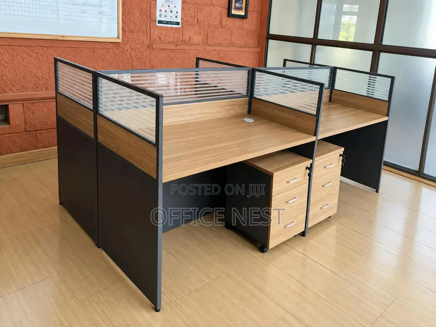 Brown 4-Way Modern Cluster Workstation With Privacy Screens Drawers