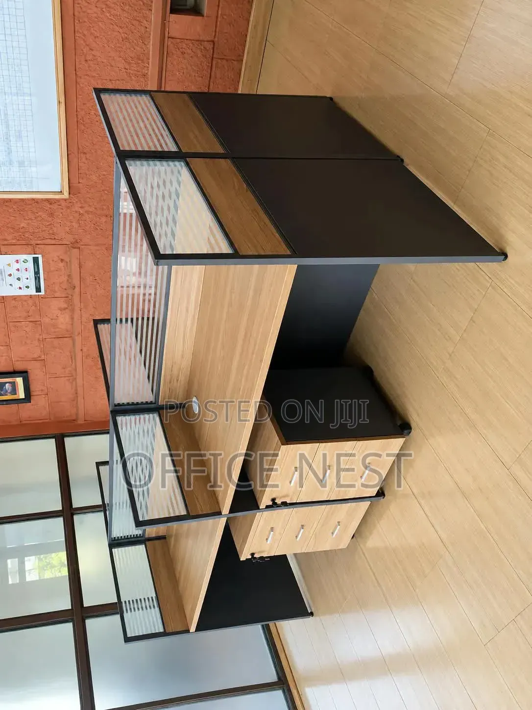 Brown 4-Way Modern Cluster Workstation With Privacy Screens Drawers