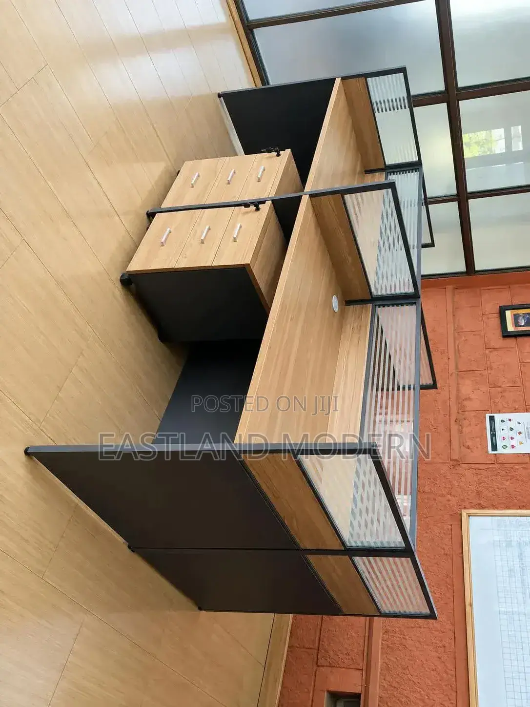 Brown 4-Way Modern Cluster Workstation With Privacy Screens Drawers