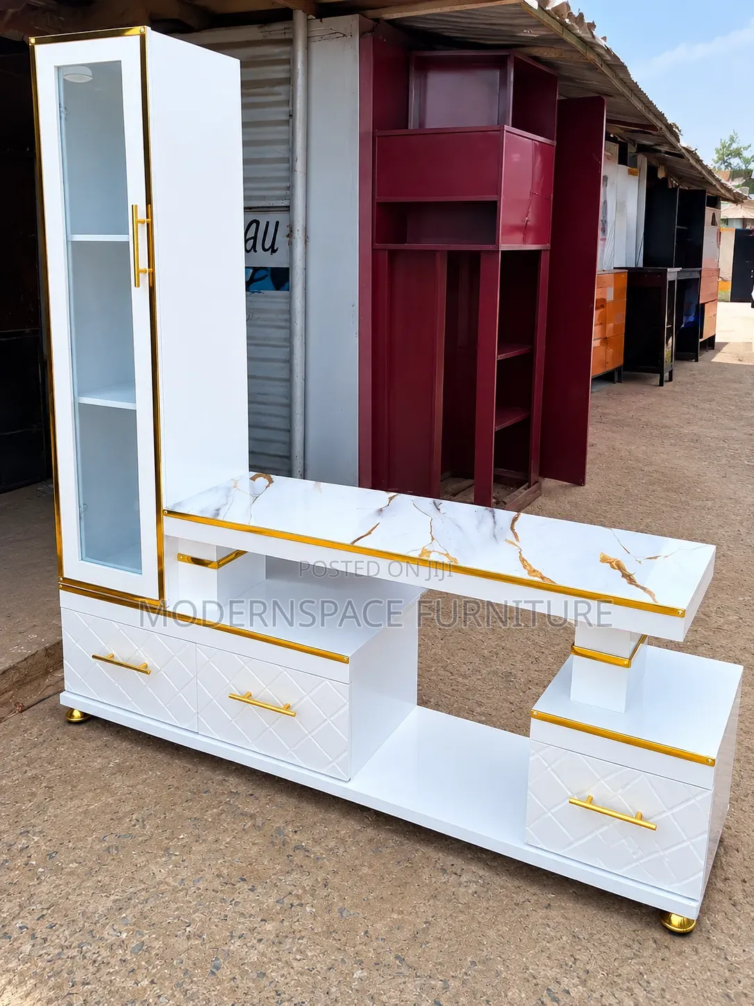 Luxury White Gold Marble TV Console With Storage