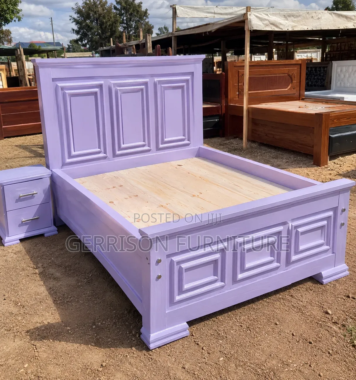 Brand New Lilac Purple 5x6 Wooden Bed With a Matching Nightstand.