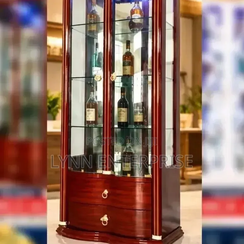 Wooden Display Cabinet Labeled Model 2001 With 4 Glass Shelves