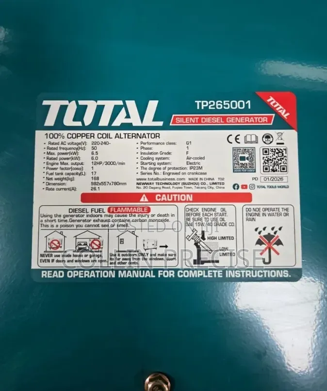 TOTAL 6.5KVA Silent Diesel Generator 6KW Electric Start 100% Copper