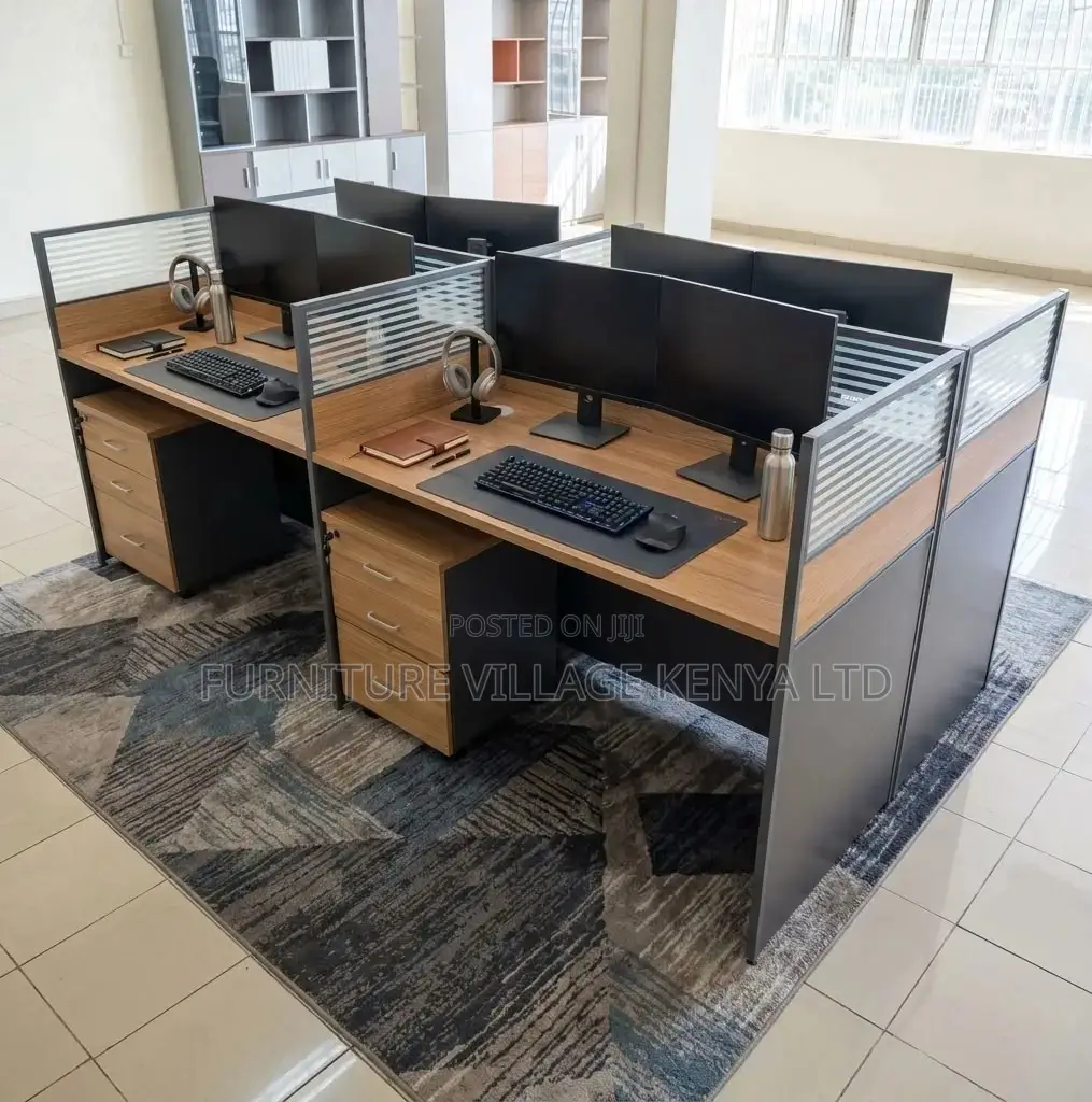 Workstation; 4 Way Brown Modular 4 Seater Workstation Desk