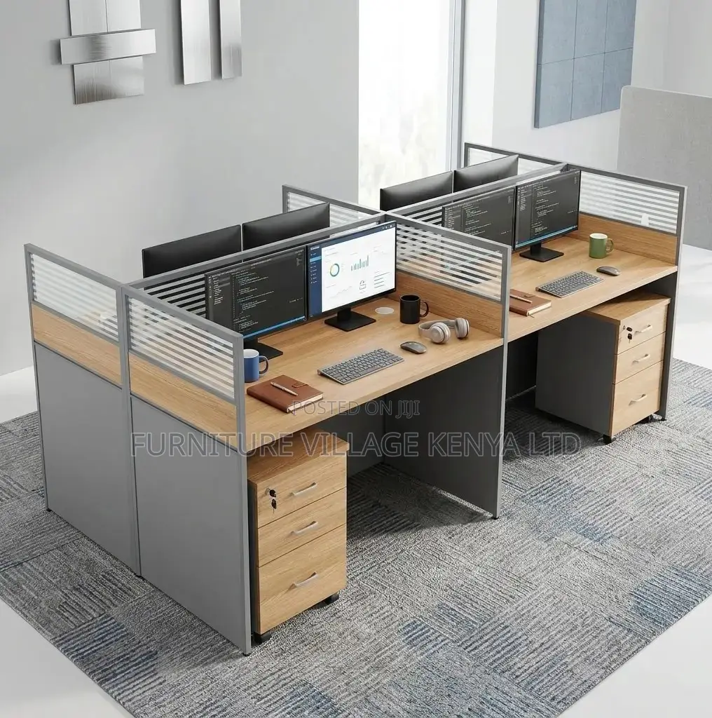 Workstation; 4 Way Brown Modular 4 Seater Workstation Desk