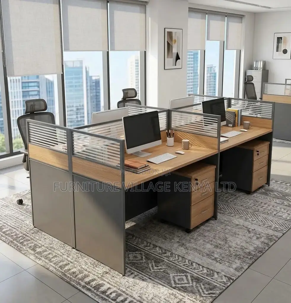 Workstation; 4 Way Brown Modular 4 Seater Workstation Desk
