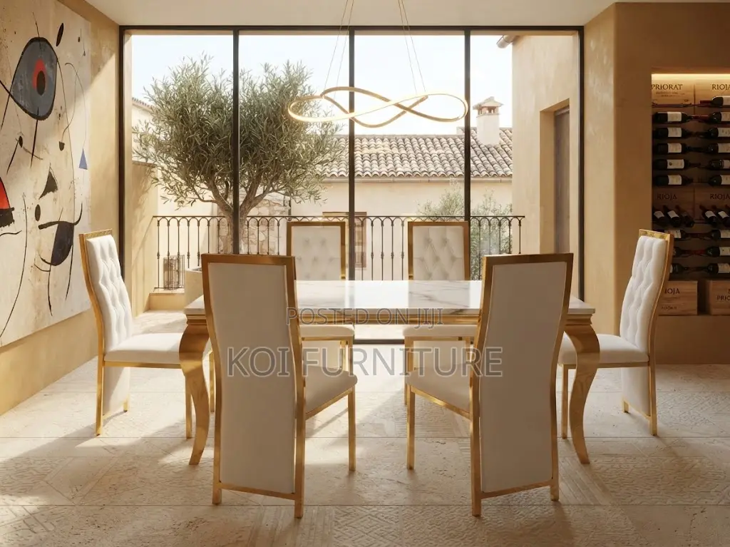 Dining Set; Six Seaters Golden Modern Top Marble Dining Set