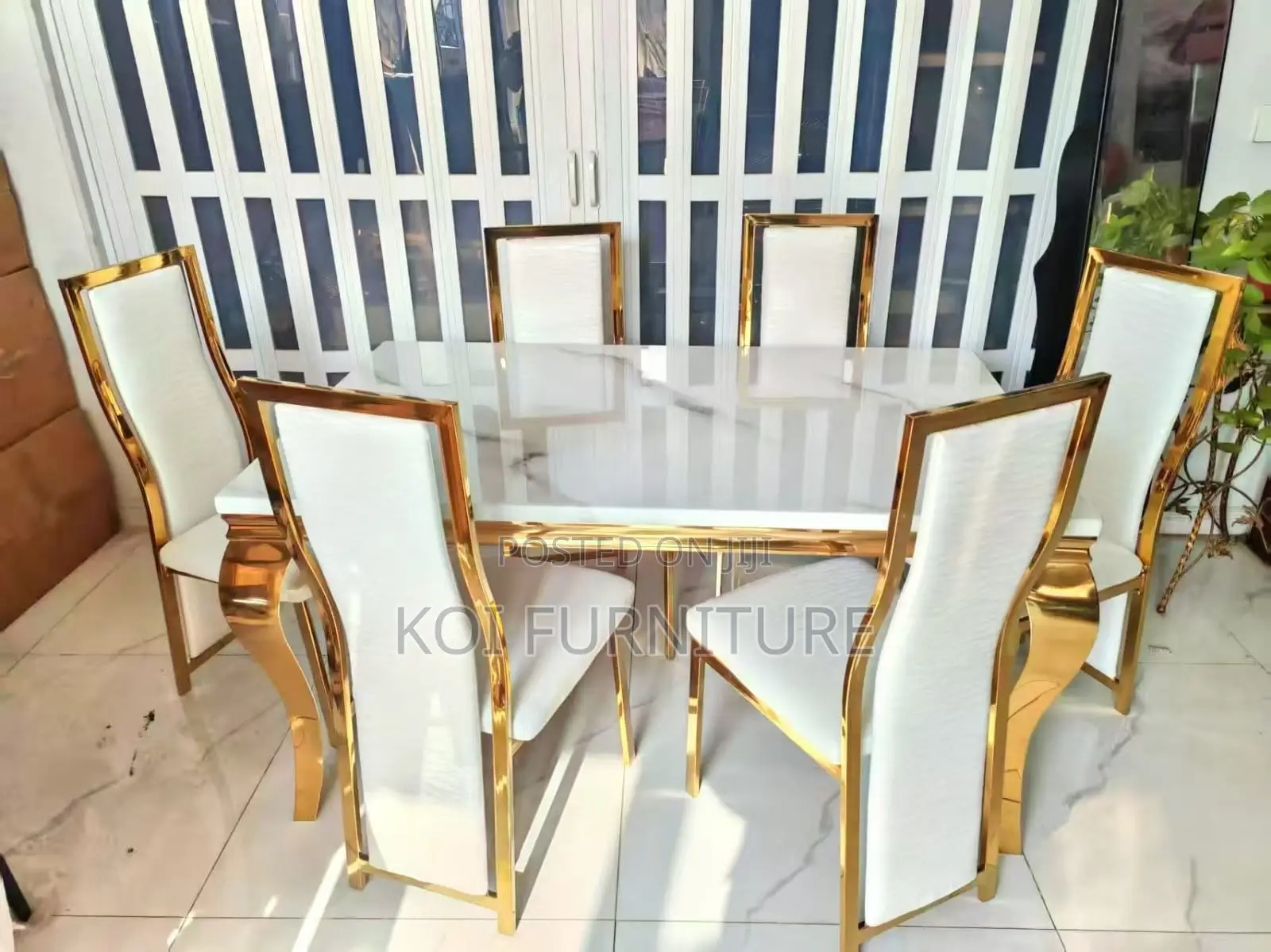 Dining Set; Six Seaters Golden Modern Top Marble Dining Set