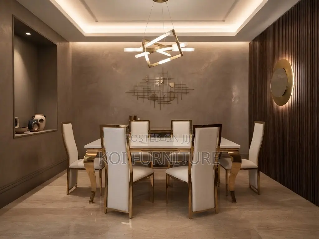 Dining Set; Six Seaters Golden Modern Top Marble Dining Set