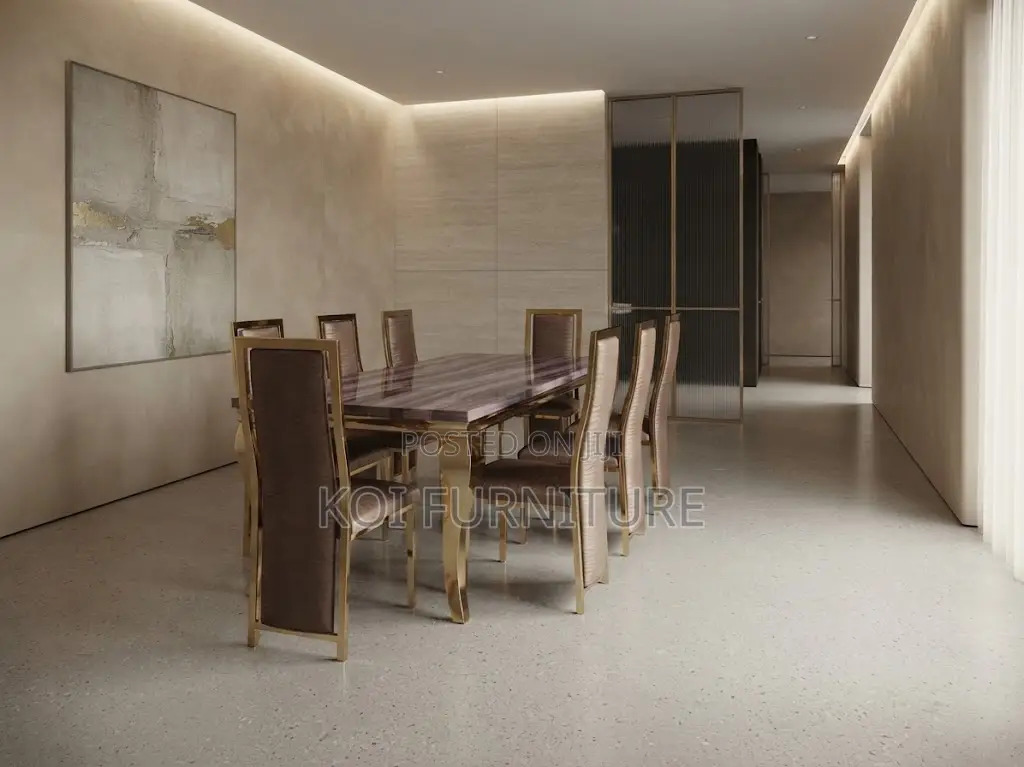 Dining Set; Six Seaters Golden Modern Top Marble Dining Set