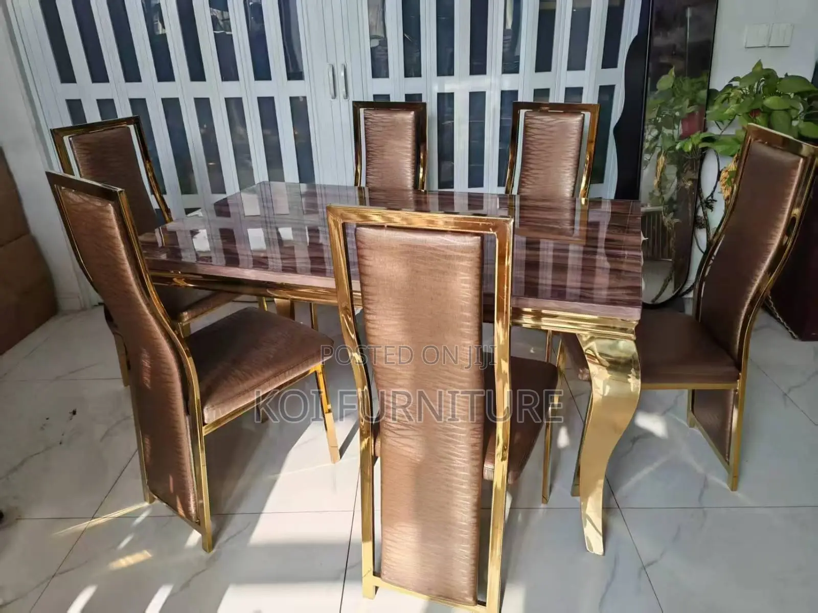 Dining Set; Six Seaters Golden Modern Top Marble Dining Set