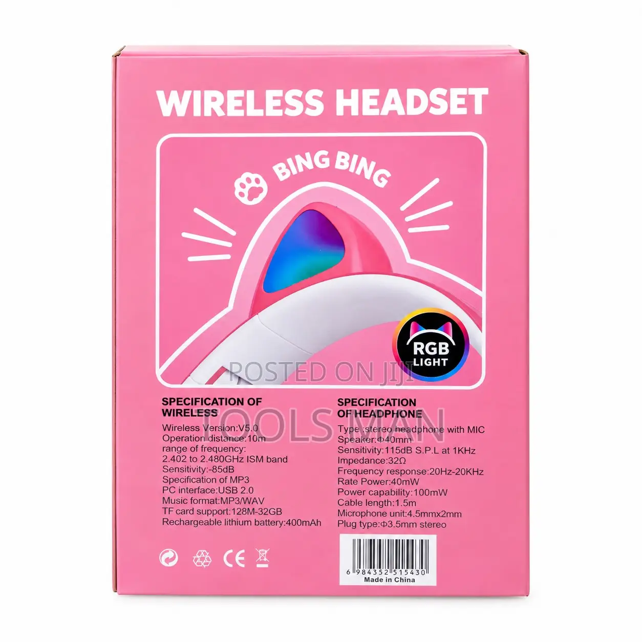 Bing Bing CXT-B39M RGB Cat Ear Wireless Headset Pink