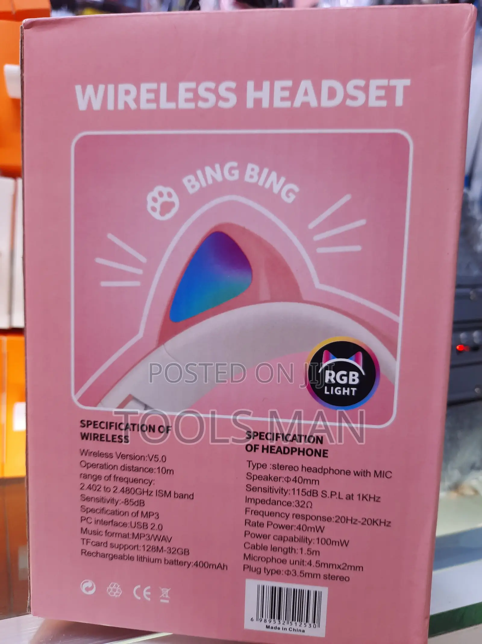 Bing Bing CXT-B39M RGB Cat Ear Wireless Headset Pink