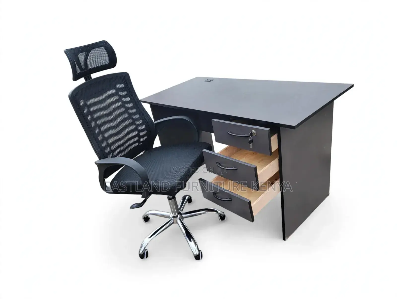 Black Office Desk With 3 Drawers and Headrest Chair Set
