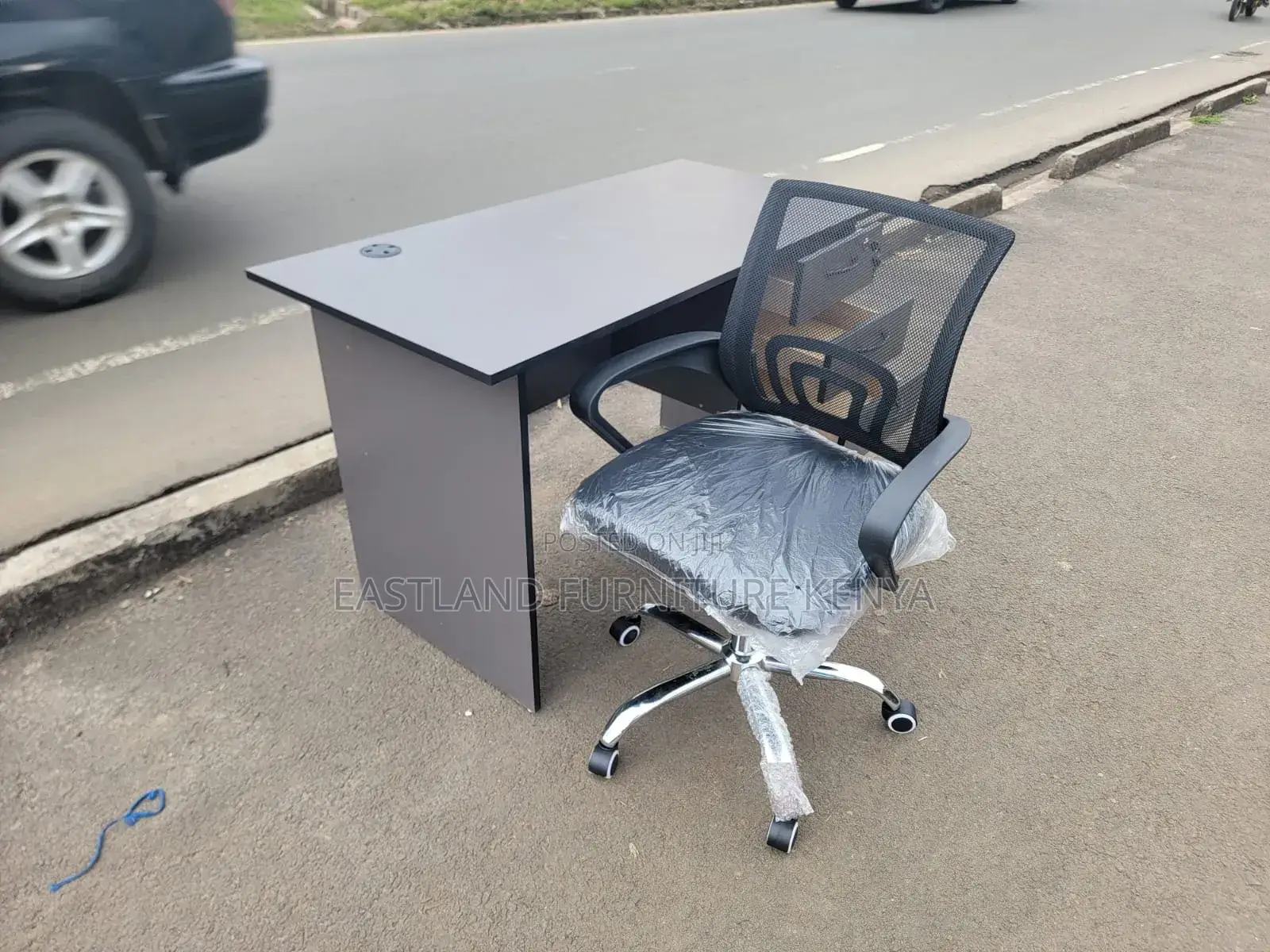 Office Desk Set - Grey Table With 3 Drawers + Mesh Chair