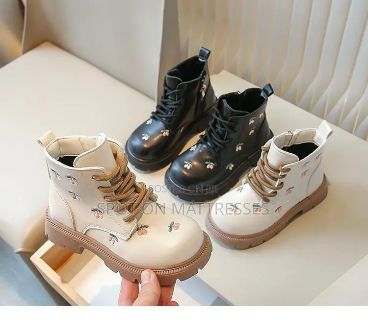 Girls' Floral Boots. Cream and Black. Sizes 29-36. Delivery Available!